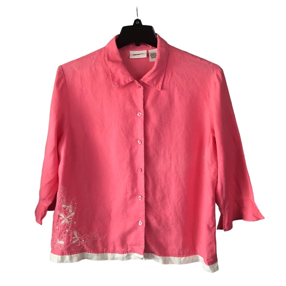 Women's Parisian Works Pink/White Embroidered Linen Button Down Shirt. Size L